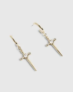 Gold Cross Drop Hoop Earrings
