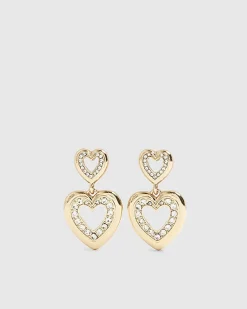 Gold Diamante Double Heart Drop Earrings