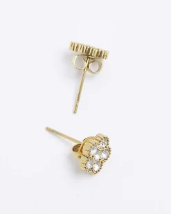 Gold Diamante Flower Stud Earrings