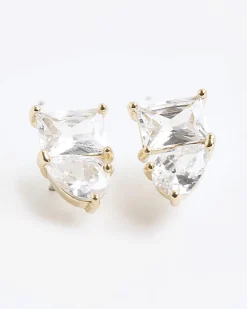 Gold Double Diamond Simulant Stud Earrings