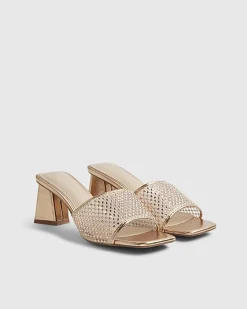 Gold Embellished Mesh Mule Heeled Sandals