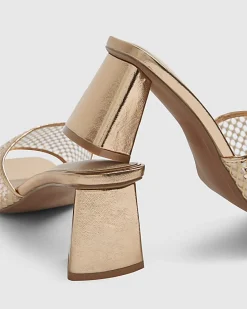 Gold Embellished Mesh Mule Heeled Sandals