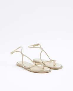 Gold Embellished Strappy Toe Thong Sandals