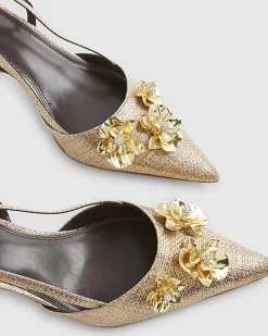 Gold Flower Trim Raffia Slingback Court Heels