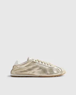 Gold Leather Lace Up Trainers