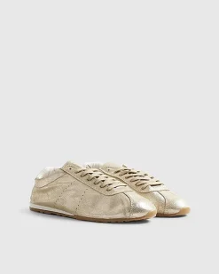 Gold Leather Lace Up Trainers