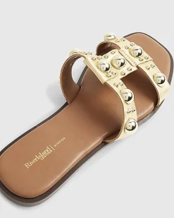 Gold Leather Studded Flat Sandals