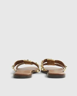 Gold Leather Studded Flat Sandals