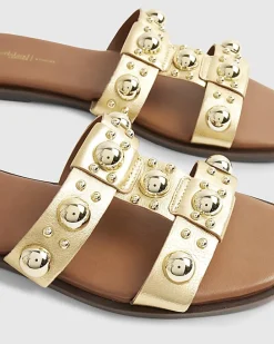 Gold Leather Studded Flat Sandals