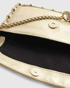 Gold Leather Studded Tassel Cross Body Bag