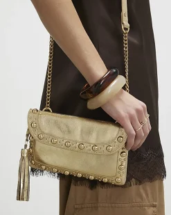 Gold Leather Studded Tassel Cross Body Bag