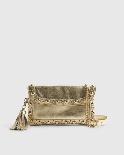Gold Leather Studded Tassel Cross Body Bag