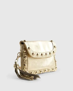 Gold Leather Studded Tassel Cross Body Bag