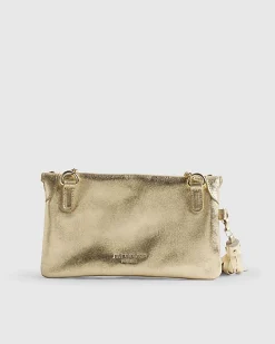 Gold Leather Studded Tassel Cross Body Bag