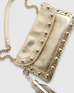 Gold Leather Studded Tassel Cross Body Bag