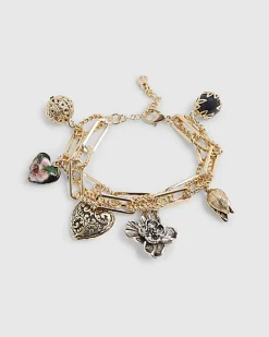 Gold Mixed Metal Charm Chain Bracelet