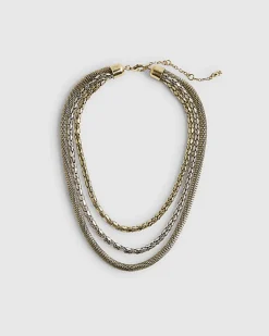 Gold Mixed Metal Multi Row Chain Necklace