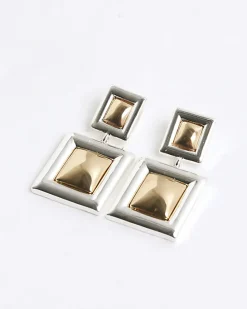 Gold mixed metal square drop earrings