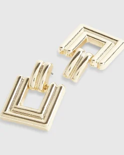 Gold Ridged Square Door Knocker Earrings
