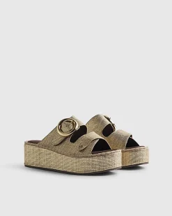 Gold Ring Buckle Wedge Sandals