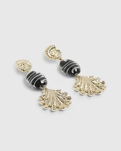 Gold Shell Stripe Bead Drop Earrings