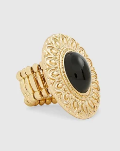 Gold stretch black stone ring