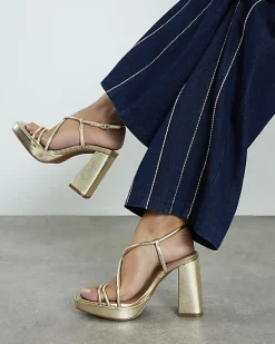 Gold Triple Strap Platform Heeled Sandals