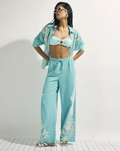 Green Broderie Drawstring Wide Leg Trousers