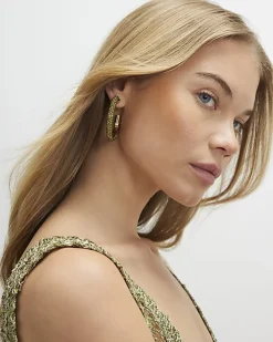 Green Diamante Hoop Earrings