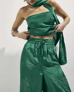 Green Embellished Wide Leg Trousers