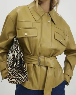 Green Faux Leather Belted Jacket