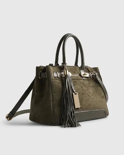 Green Faux Suede Lock Front Tote Bag