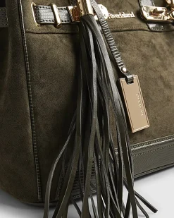 Green Faux Suede Lock Front Tote Bag