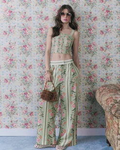 Green Floral High Waisted Wide Leg Trousers