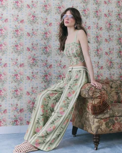 Green Floral High Waisted Wide Leg Trousers