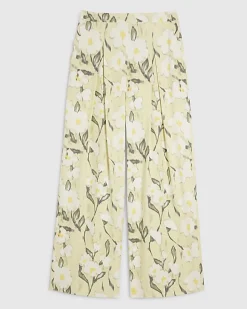 Green Floral Linen Blend Wide Leg Trousers