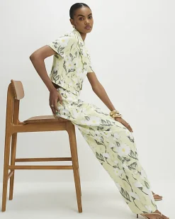 Green Floral Linen Blend Wide Leg Trousers