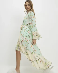 Green Floral Print Waterfall Hem Robe