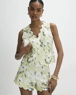 Green Floral Scallop Linen Blend Shorts