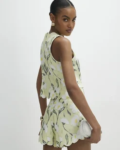 Green Floral Scallop Linen Blend Shorts