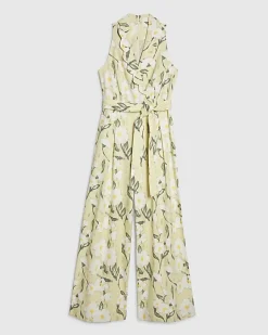 Green Floral Scallop Linen Blend Jumpsuit