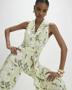 Green Floral Scallop Linen Blend Jumpsuit