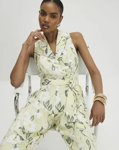 Green Floral Scallop Linen Blend Jumpsuit