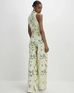 Green Floral Scallop Linen Blend Jumpsuit