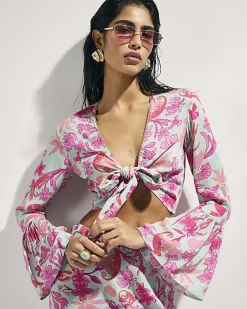 Green Floral Tie Front Beach Top