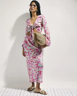 Green Floral Tie Front Beach Top