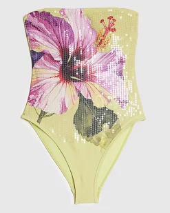 Green Hibiscus Floral Print Sequin Swimsuit