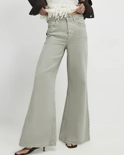 Green High Waisted Wide Flared Leg Jeans