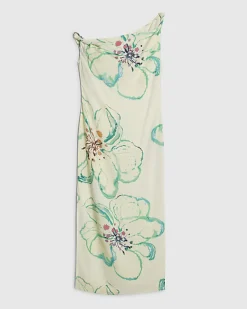 Green Linen Blend Asymmetric Midi Dress