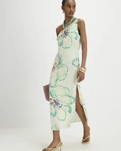 Green Linen Blend Asymmetric Midi Dress